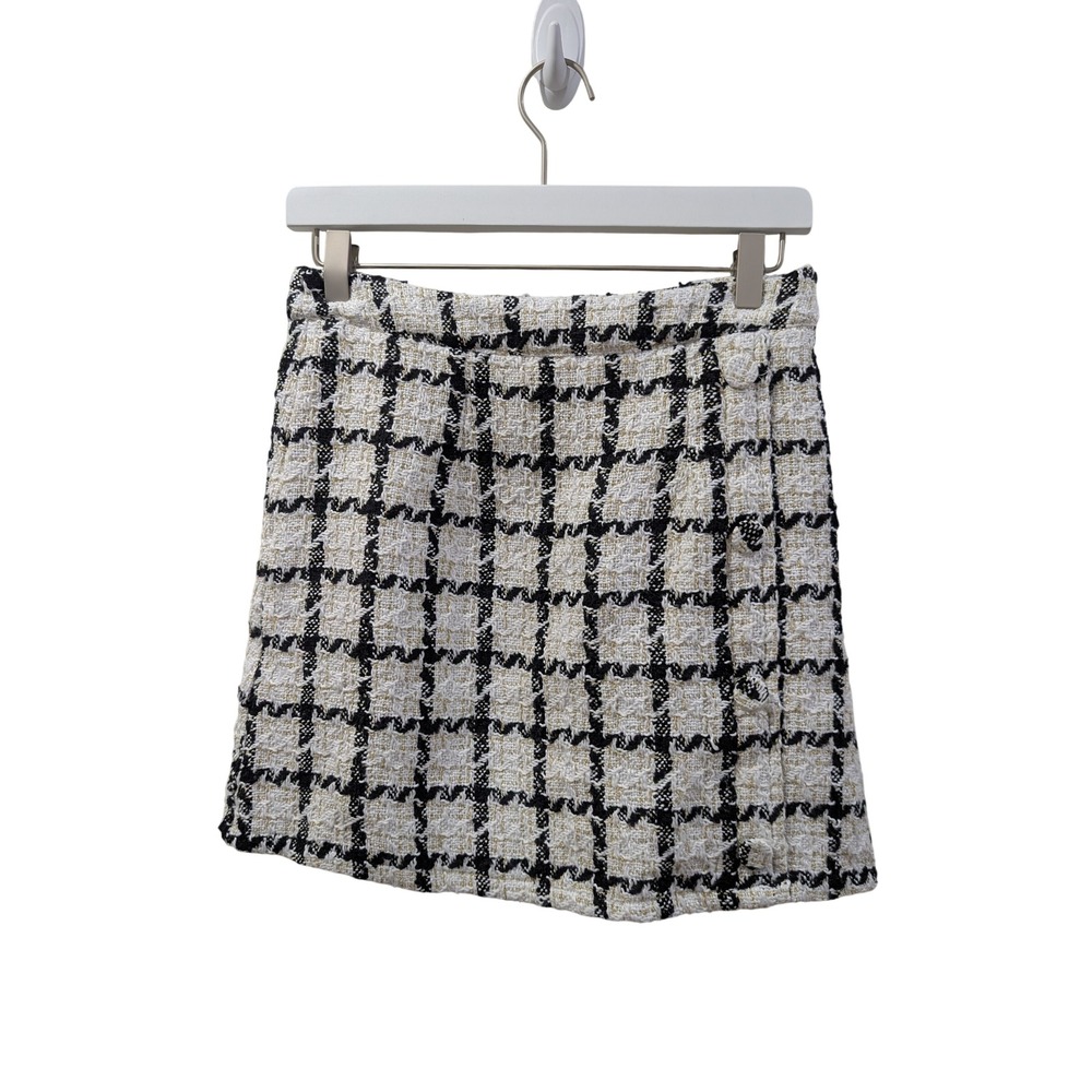Lola May ASOS Tweed Mini Skirt Size 10 Black White Gold Metallic Plaid Boucle